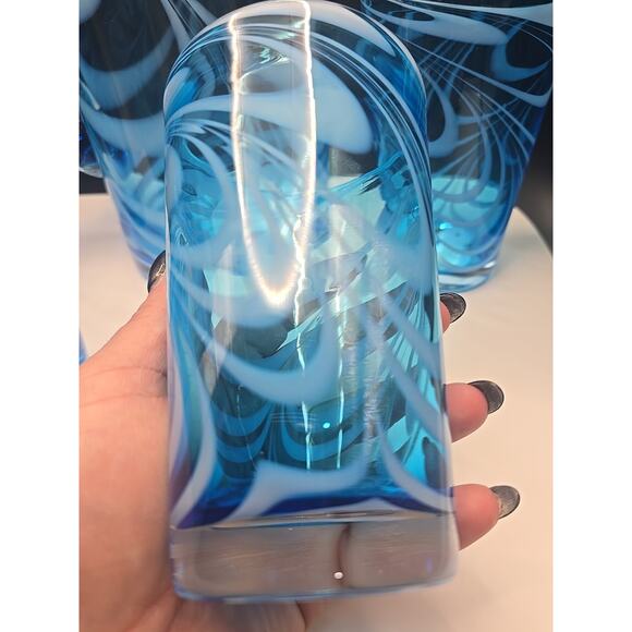 VINTAGE HANDBLOWN BLUE FENTON LIKE ART GLASS OPALESCENT SWIRLED SET OF 5 - Picture 4 of 5